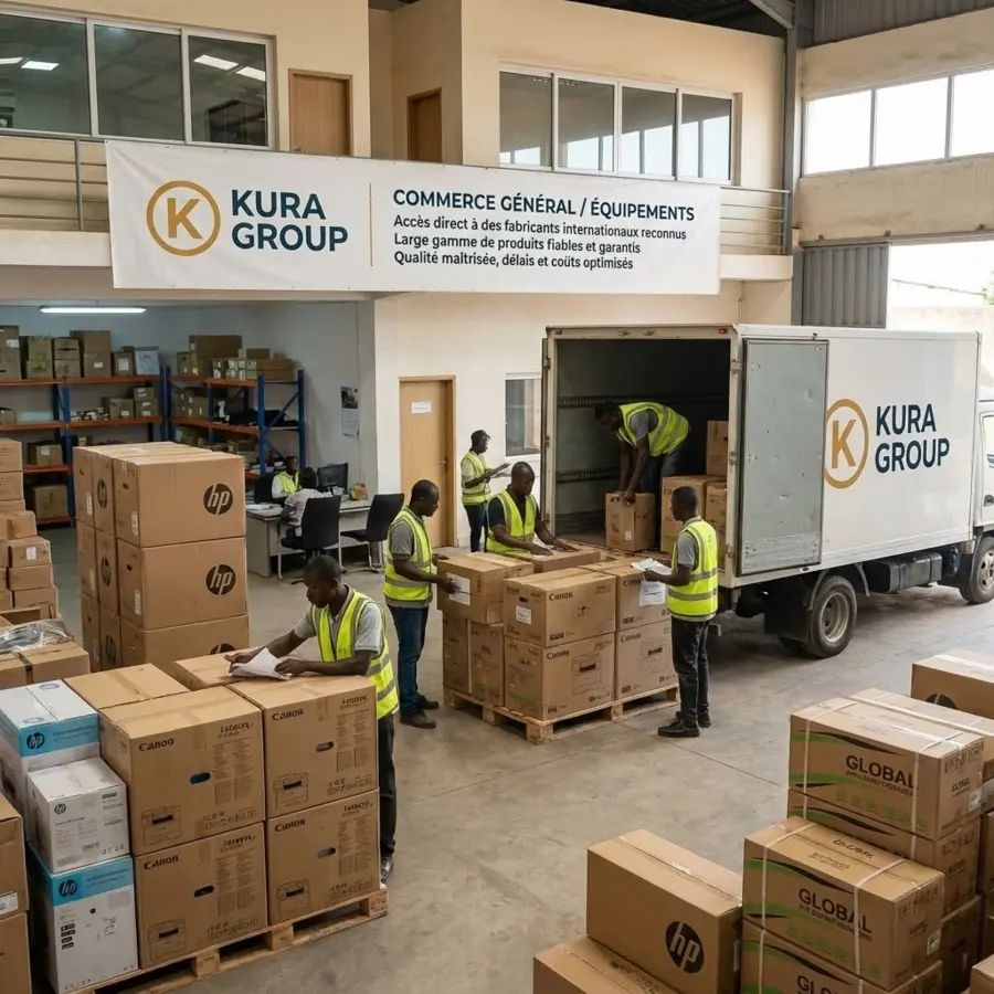 Préparation et chargement d'équipements dans l'entrepôt logistique KURA Group